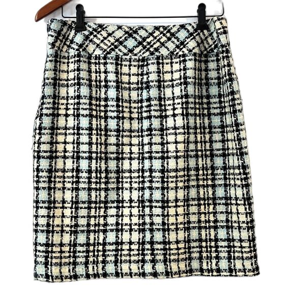 Karen Kane Lifestyle Blue Black Boucle Plaid Knee Length Pencil Skirt Size 6 - Picture 1 of 5